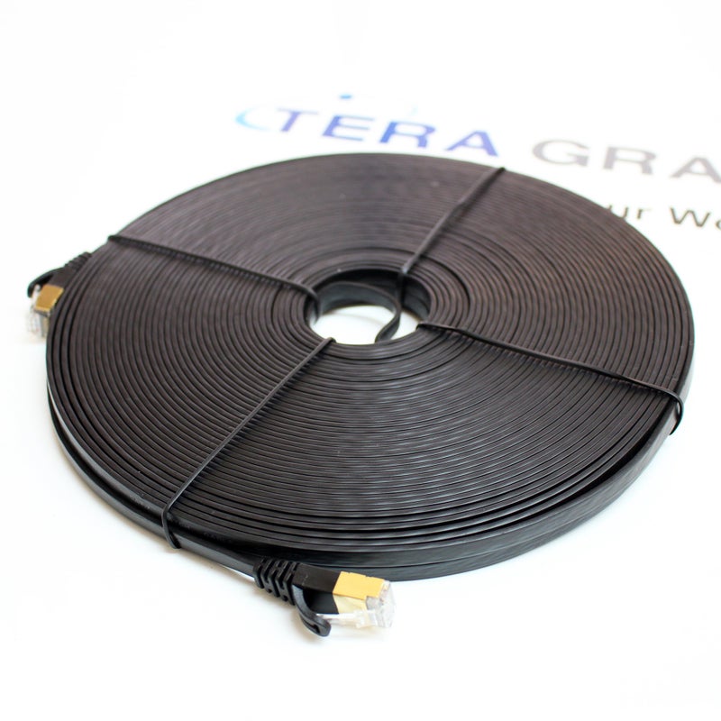 Tera Grand - 75FT - CAT7 10 Gigabit Ethernet Ultra Flat Patch Cable for Modem Router LAN Network, Gold Plated Shielded RJ45 Connectors, Faster Than CAT6a CAT6 CAT5e, Black - Image 2